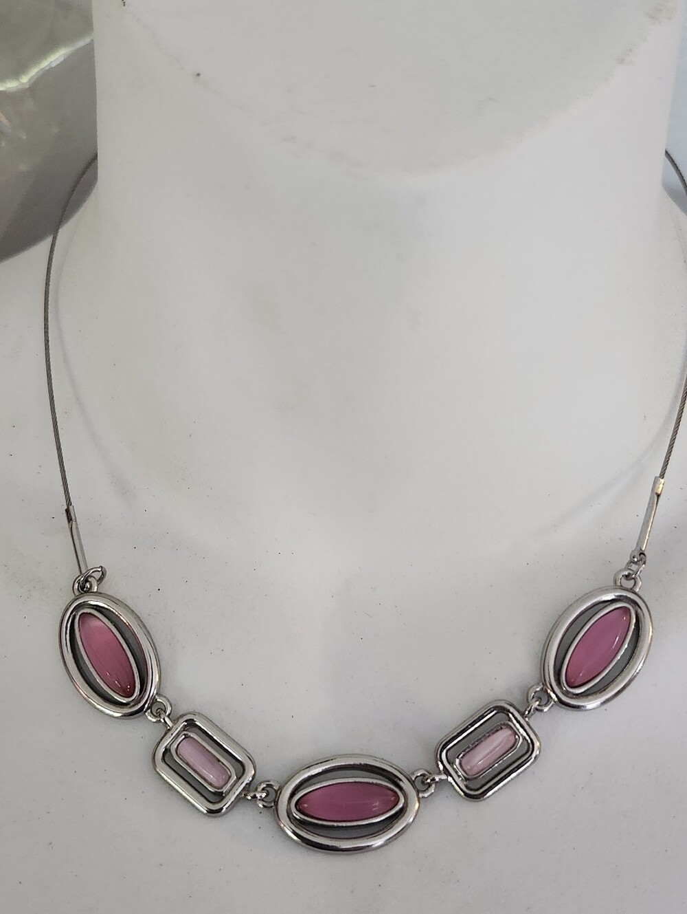 Lia Sophia Pink Glass Pearly Link Silver-Tone Wire Necklace